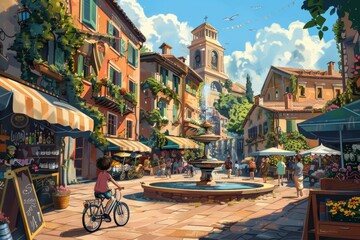 Picturesque Small Town Square with Fountain and Historic Buildings Lively with People and Market Stalls