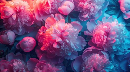 Bright peonies in neon shades. Abstract background.