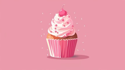 Flat cupcake icon with whipped frosting and cherry on pink background