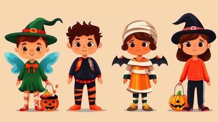 Cute Kids in Halloween Costumes with Candy Buckets