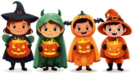 Fototapeta premium Cute Children in Halloween Costumes with Jack-o'-Lanterns
