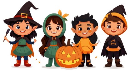 Cute Cartoon Children in Halloween Costumes with Pumpkin
