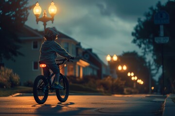 Child Cycling at Twilight with Streetlights Glowing for Safety and Evening Recreation