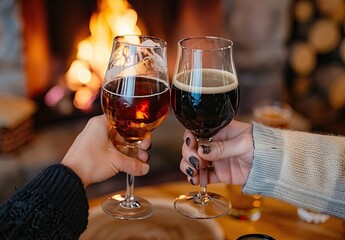 Obraz premium hands toasting with glasses of wine, beer and coffee in cozy home setting Generative AI