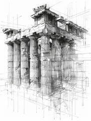 Pencil drawing of architecture, template, AI generated