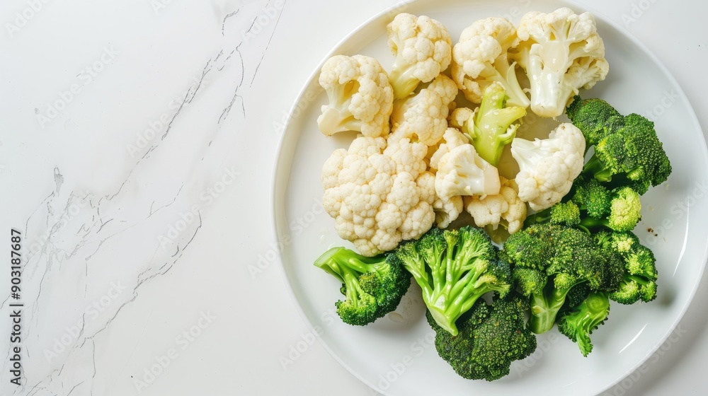 Poster broccoli and cauliflower with sauce on white plate isolated on white background close up view with s
