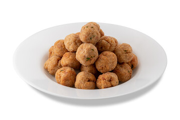 Breaded and fried meatballs in white plate isolated