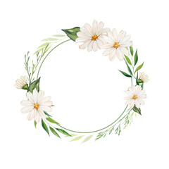 Watercolor round frame with chamomile flowers and greenery. Frame with space for text, composition of daisy flowers. Invitation, congratulation, postcard, packaging. © Yana