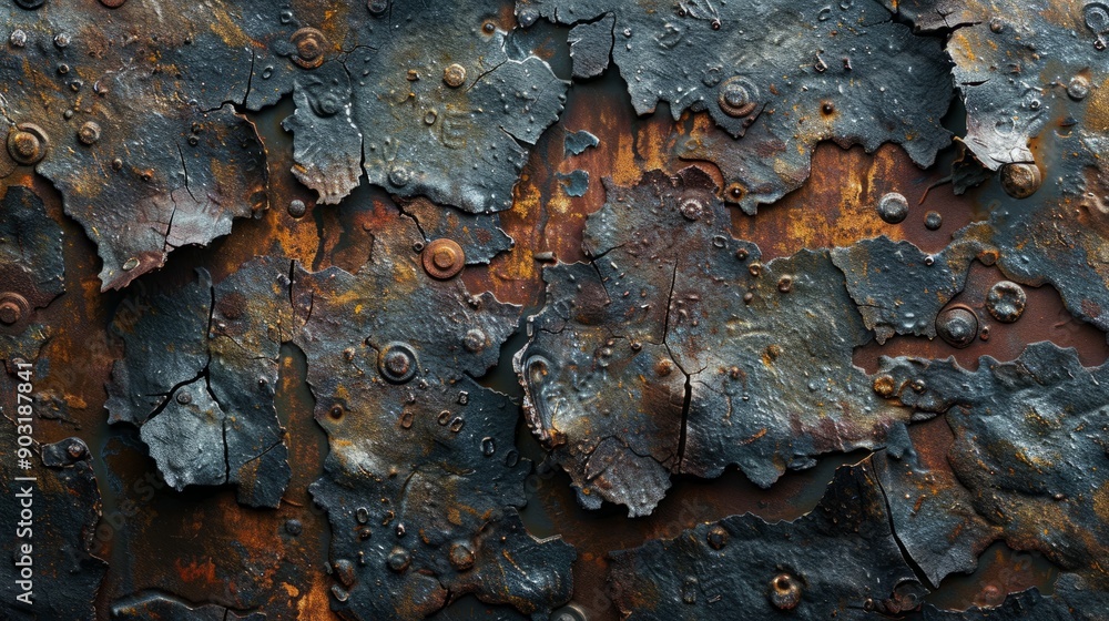 Poster ancient corroded metal sheet displaying layers of rust and oxidation
