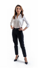 Fototapeta premium Femme mature manager ou employée en pied sur fond blanc, en chemise et costume, personnage pour publicité, incrustation ou service professionnelle, travailleur de bureau