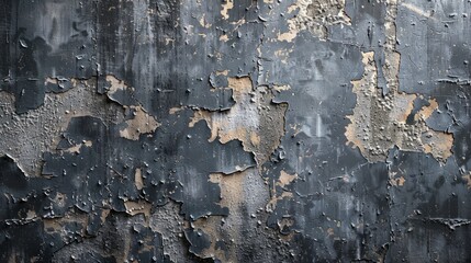 Distressed dark cement wall with peeling paint in urban setting