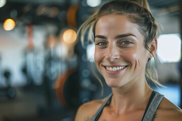 Obraz premium A fit muscular female personal trainer smiling at the camera in a gym, close up