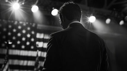 Defeated Candidate's Concession Speech for Unity and Support Under Spotlight with American Flag Backdrop
