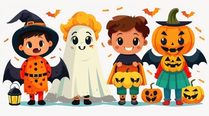 Cute Kids in Halloween Costumes - Witch, Ghost, Pumpkin, and Vampire