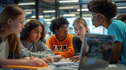 High school students engage in a group coding exercise, using laptops to explore programming concepts and develop their technical skills in a supportive and interactive classroom setting