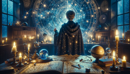 Mystic astronomer gazes at ancient celestial charts in a candlelit observatory, surrounded by magical and cosmic essence, exploring the wonders of the universe