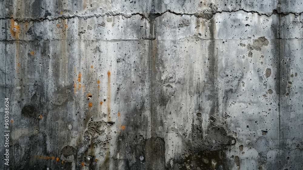Poster grungy gray concrete wall with textured surface and rust stains