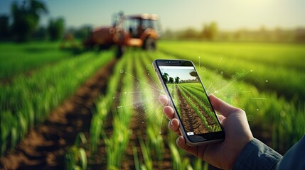 concept of smart farming in agriculture industry, mobile phone with agriculture technology application and farming environment,