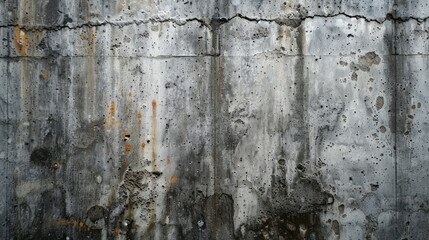 Grungy gray concrete wall with textured surface and rust stains