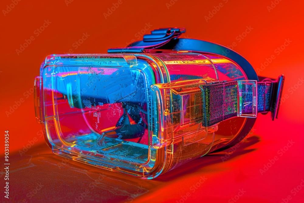 Poster vr headset with transparent design and neon red background emphasizing advanced virtual reality tech