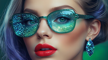 Fototapeta premium Computer portrait of a girl with shiny lipstick, model girl demonstrates transparent glasses with multi-colored glitter,