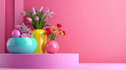 A pink background with a vase of flowers in the foreground