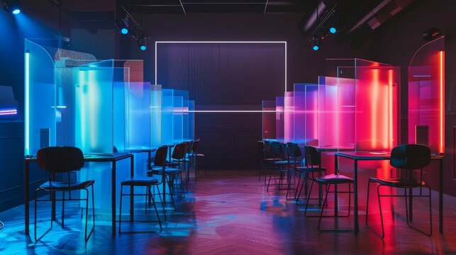 Socially Distanced Debate Setting with Clear Partitions and Colorful Lighting for Safety Measures