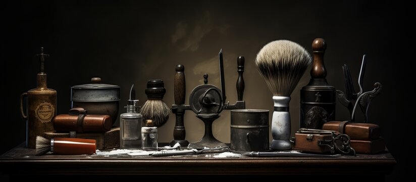 On a black dusty surface are old barber tools