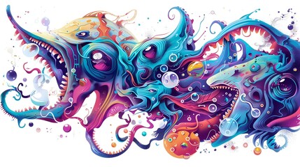 Playful Abstract Creatures Blowing Bubbles in a Fun Design Contest on White Background