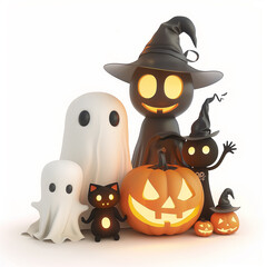 Funny figures - ghosts, ghouls, pumpkins, on a white background. Halloween greeting card.
