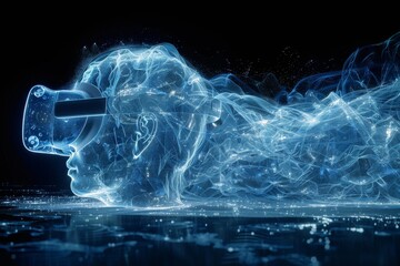 Fototapeta premium VR Headset with Abstract Smoke and Neon Blue Highlights Emphasizing Virtual Reality Trends and Technological Innovation