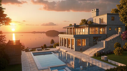 Fototapeta premium luxury villa during sunset on the ocean, seaside holiday, luxurious holiday villa,