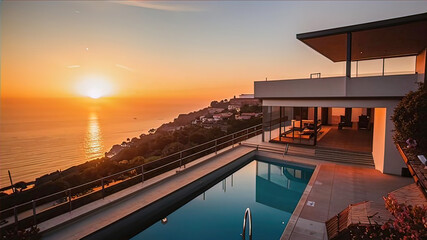 Fototapeta premium luxury villa during sunset on the ocean, seaside holiday, luxurious holiday villa,