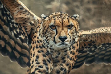 An intense stare from a cheetah with majestic wings spread wide, embodying power and presence, set against a slightly blurred background, symbolizing vigilance and majesty.