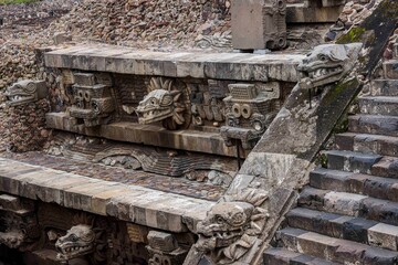 Pyramid of the Feathered Serpent or Quetzalcoatl in the archaeological zone of Teotihuacan, the city with the largest pyramids in Mesoamerica in the State of Mexico. 