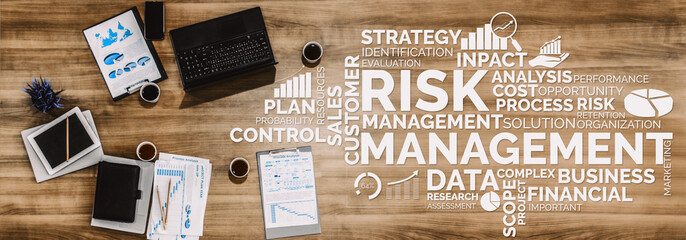 Risk Management and Assessment for Business Investment Concept. Modern interface showing symbols of strategy in risky plan analysis to control unpredictable loss and build financial safety. uds