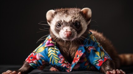 A close-up shot of a ferret wearing a vibrant, floral shirt, standing against a dark background, capturing the charm and playful nature of the ferret in a unique attire.