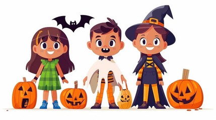 Fototapeta premium Three Kids in Halloween Costumes with Pumpkins