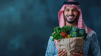 Fototapeta premium Smiling Man in Traditional Clothing Holding Groceries