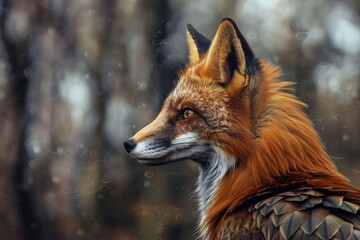 Fototapeta premium A detailed side profile of a red fox with striking wings in a misty woodland environment, combining elements of nature and fantasy art in a captivating scene.