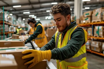 A focused worker wearing protective gloves and a reflective vest handles packages efficiently in a spacious and well-organized warehouse setting, showcasing dedication and precision.