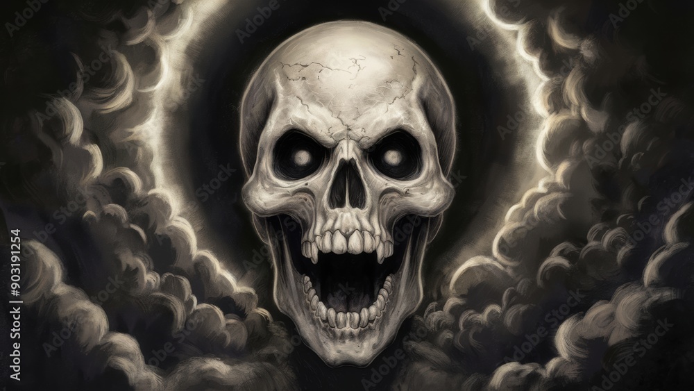 Wall mural A skull with a black background and clouds in the sky, AI