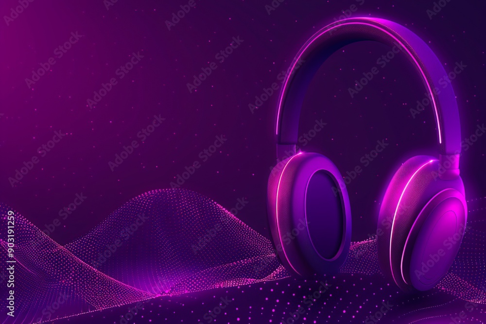 Poster neon purple headphones with wave patterns on gradient background emphasizing stylish audio technolog