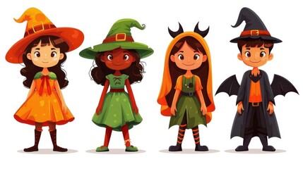 Cute Cartoon Children Dressed in Halloween Costumes