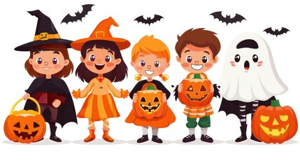 Happy Halloween Kids in Costumes Holding Pumpkins