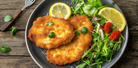 Delicious pure background food is breaded chicken cutlets with lemon and salad on a plate
