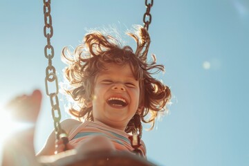 A laughing child delightfully enjoys a swing ride against the backdrop of a sunny sky, capturing the spirit of carefree joy and exuberant innocence in childhood play.