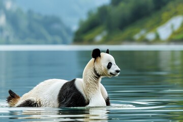 Obraz premium A serene and solitary scene showing a panda swimming across an expansive lake framed by distant greenery and mountains, creating a tranquil and wide-open natural setting.