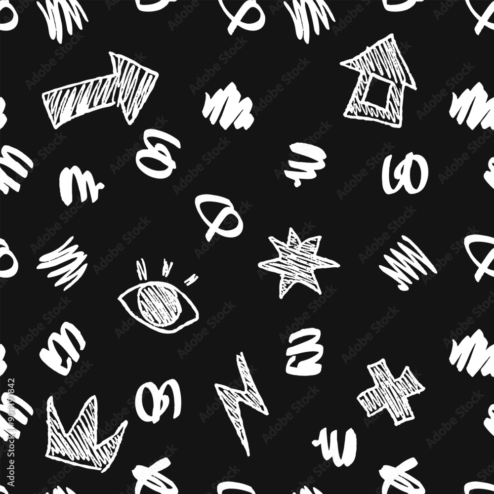 Poster seamless pattern with chaotically located white doodles and squiggles on a black background. monochr