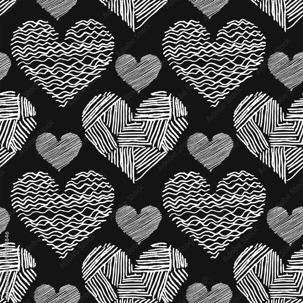 Poster исходные названия: seamless pattern with different sized textured white hearts on black background. 